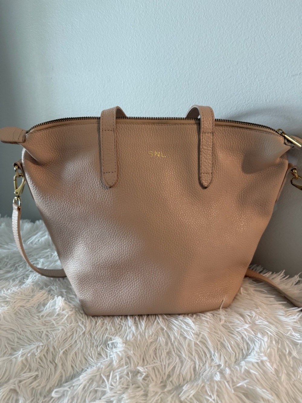 CUYANA Shoulder Leather Tote Bag in Taupe with Monogram